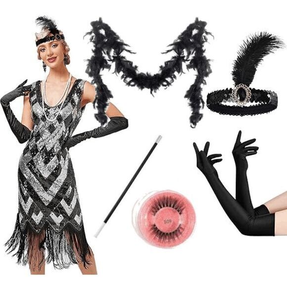 🖤✨ 5PCS 1920s Black Accessories Flapper Great Gatsby Retro Costume Set NEW - Picture 3 of 16